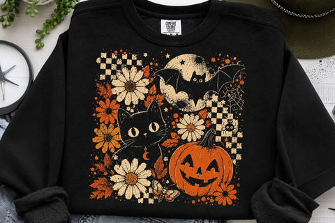 Vintage Halloween Black Cat Pumpkin PNG SVG DesignDestine 