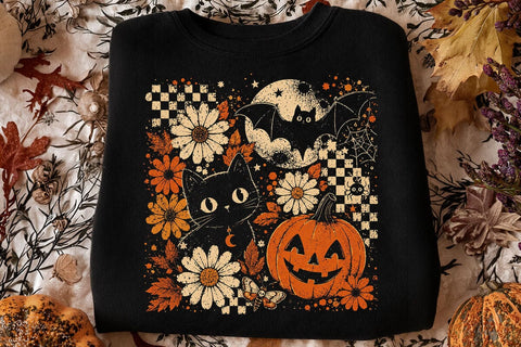 Vintage Halloween Black Cat Pumpkin PNG SVG DesignDestine 