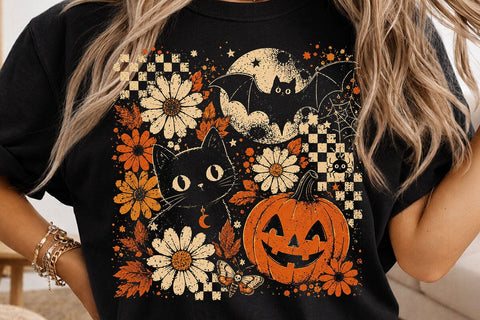 Vintage Halloween Black Cat Pumpkin PNG SVG DesignDestine 