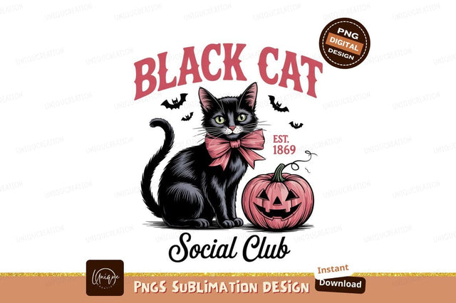 Vintage Halloween Black Cat Social Club Art Sublimation Designangry 