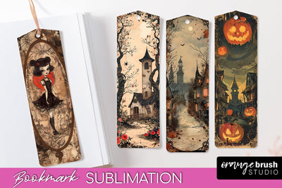 Vintage Halloween Bookmark - Printable Scrapbook Bookmarks Sublimation OrangeBrushStudio 