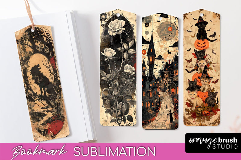 Vintage Halloween Bookmark - Printable Scrapbook Bookmarks Sublimation OrangeBrushStudio 
