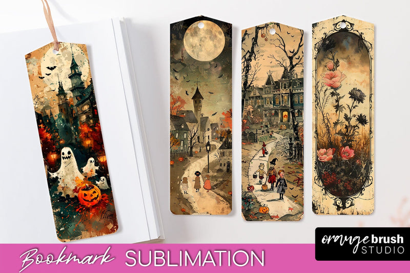 Vintage Halloween Bookmark - Printable Scrapbook Bookmarks Sublimation OrangeBrushStudio 