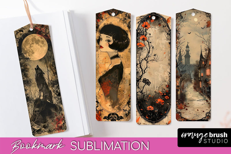 Vintage Halloween Bookmark - Printable Scrapbook Bookmarks Sublimation OrangeBrushStudio 