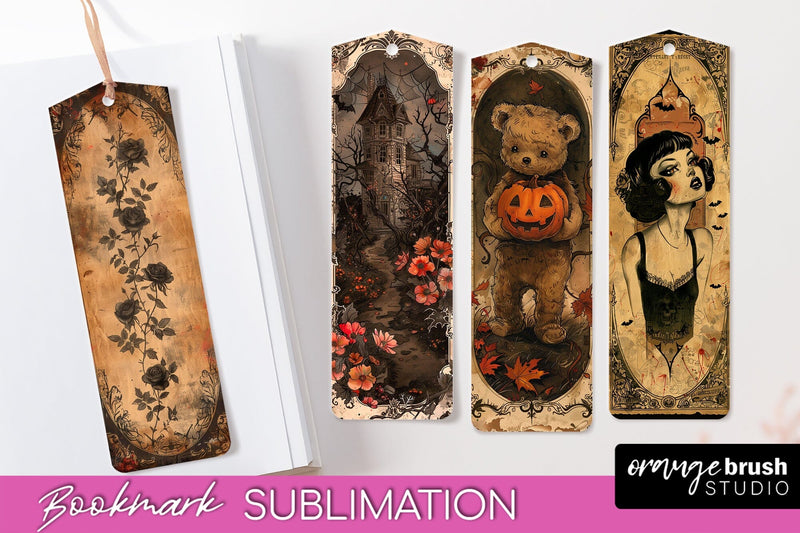 Vintage Halloween Bookmark - Printable Scrapbook Bookmarks Sublimation OrangeBrushStudio 