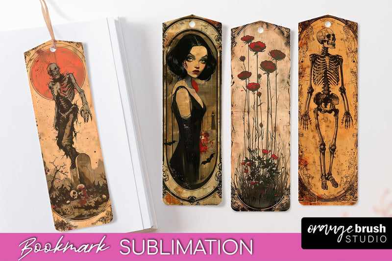 Vintage Halloween Bookmark - Printable Scrapbook Bookmarks Sublimation OrangeBrushStudio 