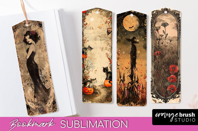 Vintage Halloween Bookmark - Printable Scrapbook Bookmarks Sublimation OrangeBrushStudio 