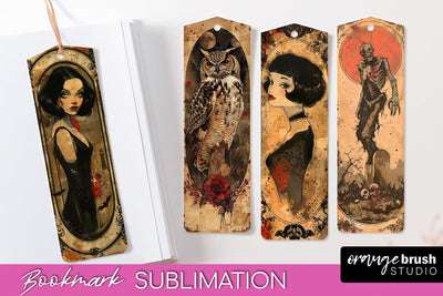 Vintage Halloween Bookmark - Printable Scrapbook Bookmarks Sublimation OrangeBrushStudio 