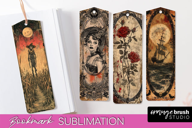 Vintage Halloween Bookmark - Printable Scrapbook Bookmarks Sublimation OrangeBrushStudio 