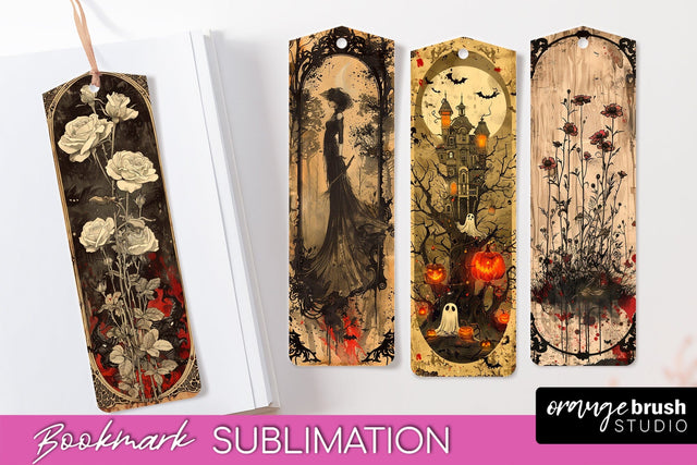 Vintage Halloween Bookmark - Printable Scrapbook Bookmarks Sublimation OrangeBrushStudio 