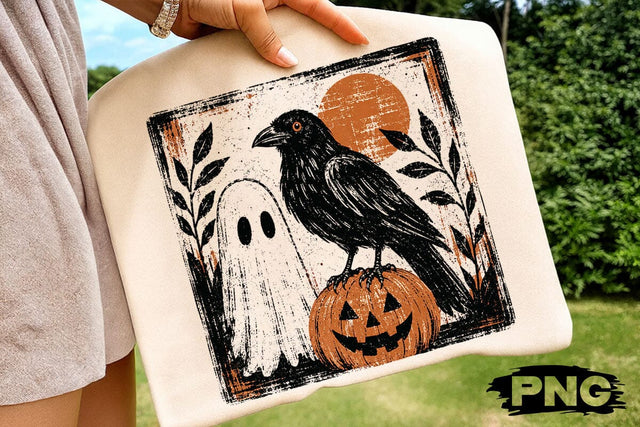 Vintage Halloween Crow Ghost PNG Design SVG DesignDestine 