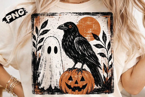 Vintage Halloween Crow Ghost PNG Design SVG DesignDestine 