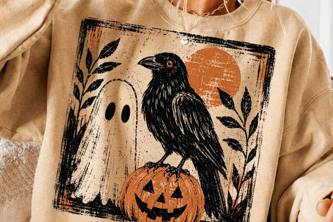 Vintage Halloween Crow Ghost PNG Design SVG DesignDestine 