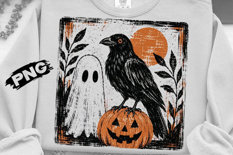 Vintage Halloween Crow Ghost PNG Design SVG DesignDestine 