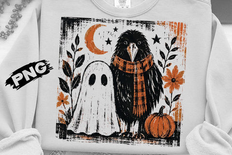 Vintage Halloween Crow Ghost PNG Design SVG DesignDestine 