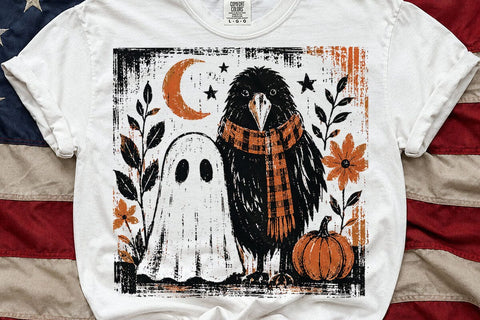 Vintage Halloween Crow Ghost PNG Design SVG DesignDestine 
