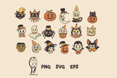 Vintage Halloween Cute Characters Clipart SVG dadan_pm 
