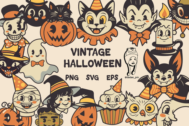 Vintage Halloween Cute Characters Clipart SVG dadan_pm 