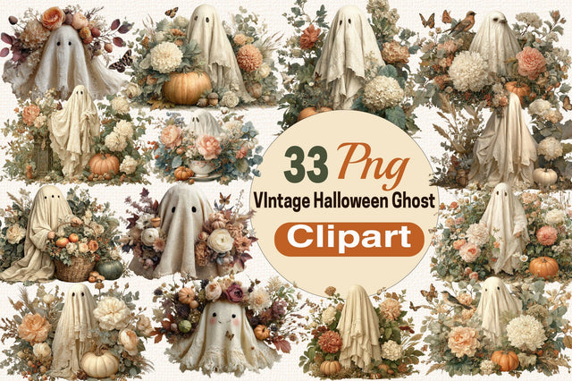 VIntage Halloween Ghost PNG Clipart Bundle. Sublimation SVGArt 