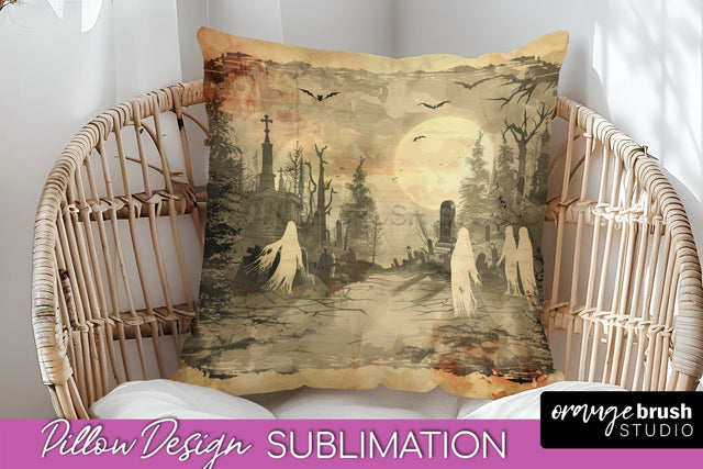 Vintage Halloween Pillow Sublimation, Spooky Pillow Cover Sublimation OrangeBrushStudio 