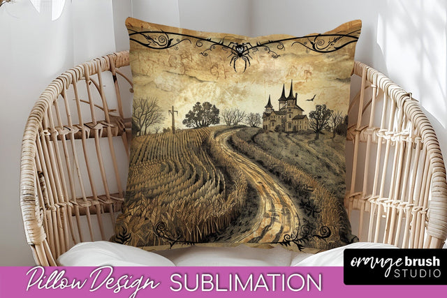 Vintage Halloween Pillow Sublimation, Spooky Pillow Cover Sublimation OrangeBrushStudio 