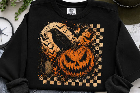 Vintage Halloween PNG Bundle, Spooky Pumpkin Sublimation Design, Retro Checkered Jack O Lantern, Gothic Crow Bat Clipart SVG DesignDestine 