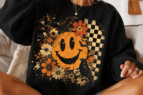 Vintage Halloween PNG Bundle, Spooky Pumpkin Sublimation Design, Retro Checkered Jack O Lantern, Gothic Crow Bat Clipart SVG DesignDestine 