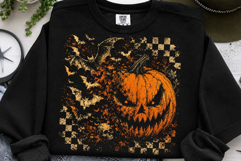 Vintage Halloween PNG Bundle, Spooky Pumpkin Sublimation Design, Retro Checkered Jack O Lantern, Gothic Crow Bat Clipart SVG DesignDestine 