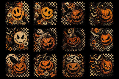 Vintage Halloween PNG Bundle, Spooky Pumpkin Sublimation Design, Retro Checkered Jack O Lantern, Gothic Crow Bat Clipart SVG DesignDestine 
