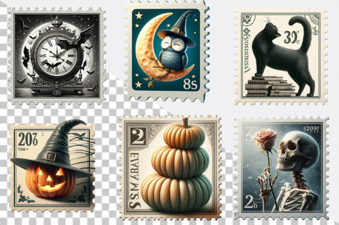 Vintage Halloween Postage Stamp Bundle. Sublimation SVGArt 