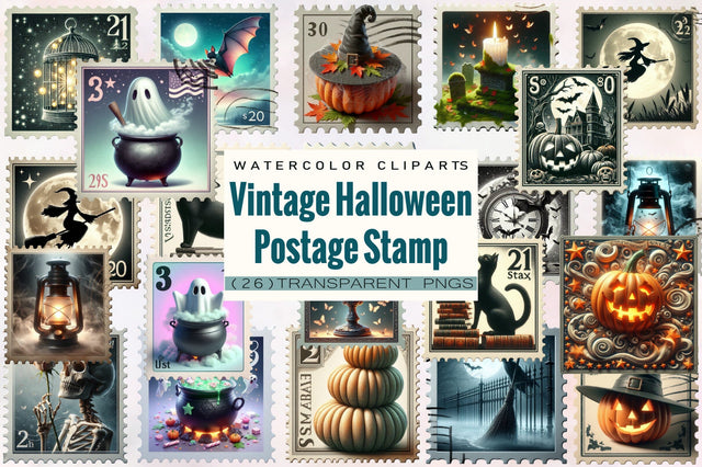 Vintage Halloween Postage Stamp Bundle. Sublimation SVGArt 