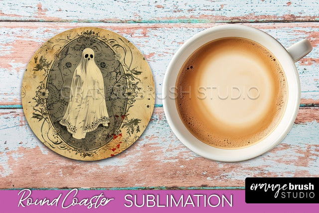 Vintage Halloween Round Coaster Sublimation - Spooky PNG Sublimation OrangeBrushStudio 