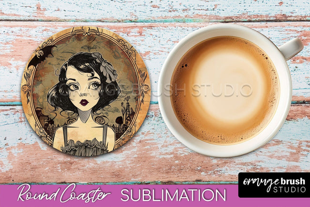 Vintage Halloween Round Coaster Sublimation - Spooky PNG Sublimation OrangeBrushStudio 