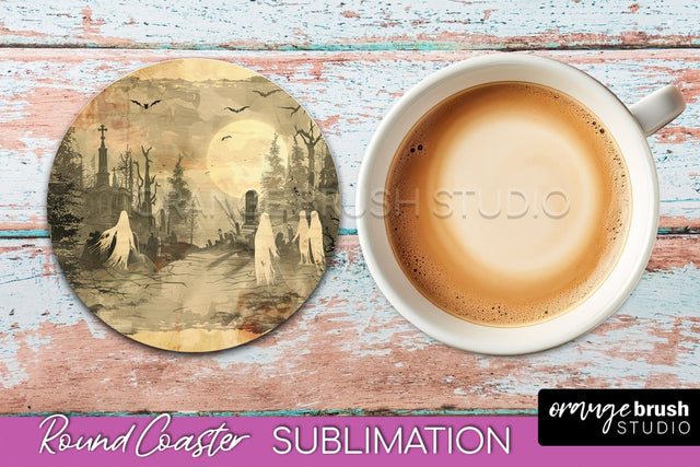 Vintage Halloween Round Coaster Sublimation - Spooky PNG Sublimation OrangeBrushStudio 