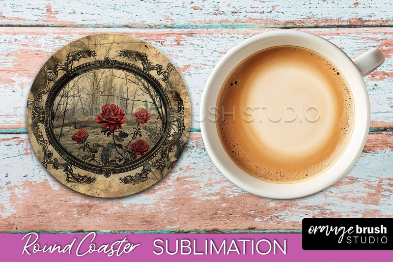 Vintage Halloween Round Coaster Sublimation - Spooky PNG Sublimation OrangeBrushStudio 