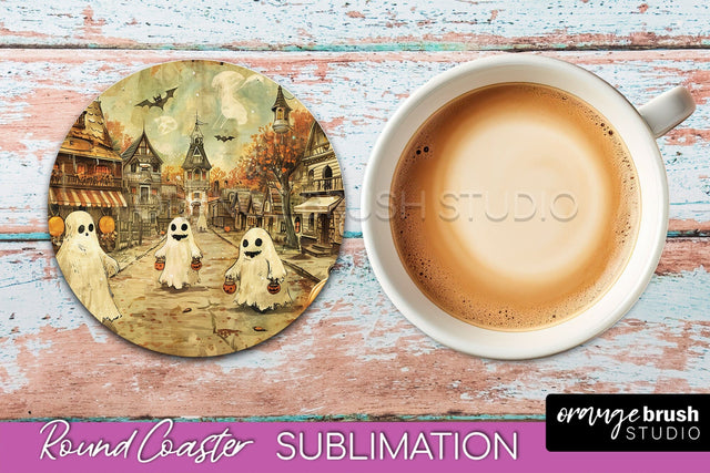 Vintage Halloween Round Coaster Sublimation - Spooky PNG Sublimation OrangeBrushStudio 