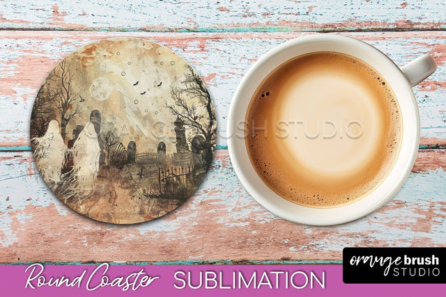 Vintage Halloween Round Coaster Sublimation - Spooky PNG Sublimation OrangeBrushStudio 
