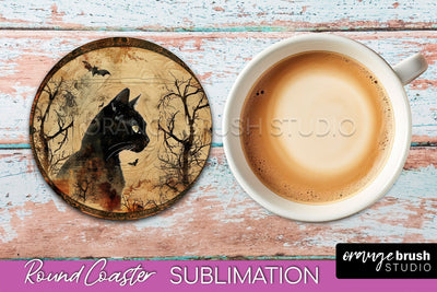 Vintage Halloween Round Coaster Sublimation - Spooky PNG Sublimation OrangeBrushStudio 