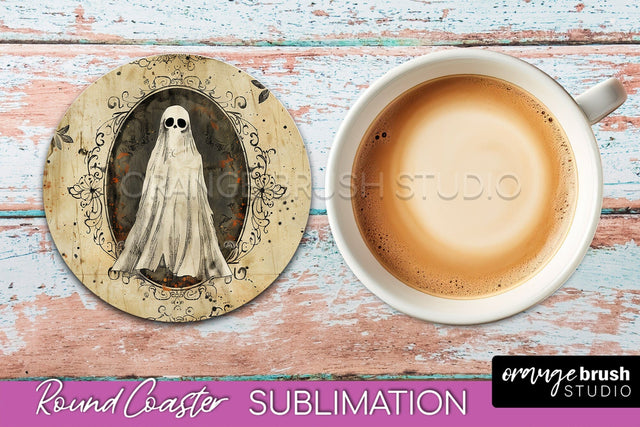 Vintage Halloween Round Coaster Sublimation - Spooky PNG Sublimation OrangeBrushStudio 