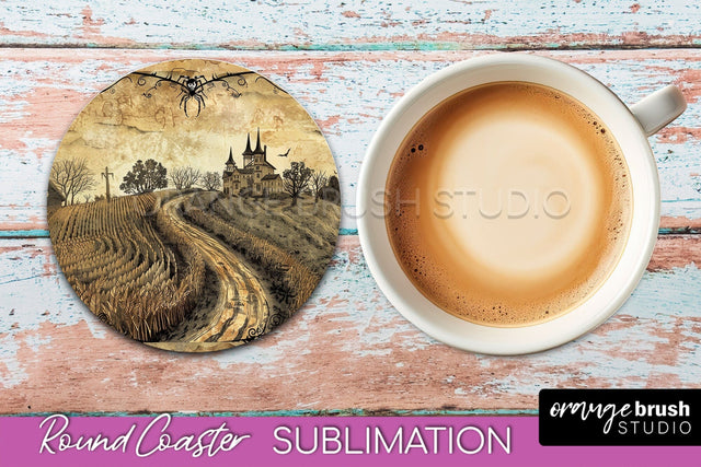 Vintage Halloween Round Coaster Sublimation - Spooky PNG Sublimation OrangeBrushStudio 