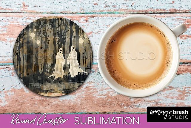 Vintage Halloween Round Coaster Sublimation - Spooky PNG Sublimation OrangeBrushStudio 
