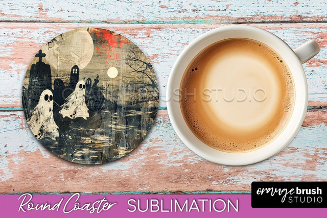 Vintage Halloween Round Coaster Sublimation - Spooky PNG Sublimation OrangeBrushStudio 