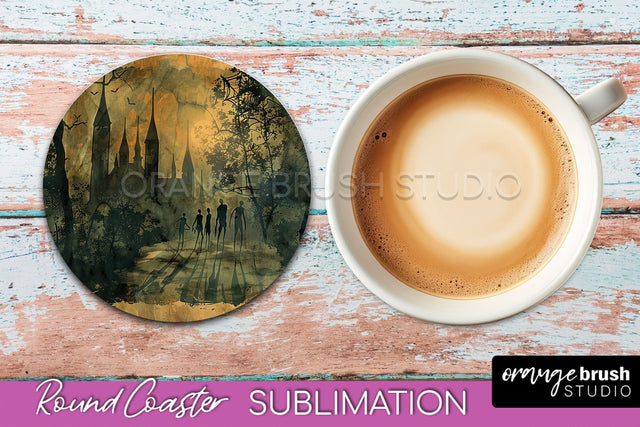 Vintage Halloween Round Coaster Sublimation - Spooky PNG Sublimation OrangeBrushStudio 