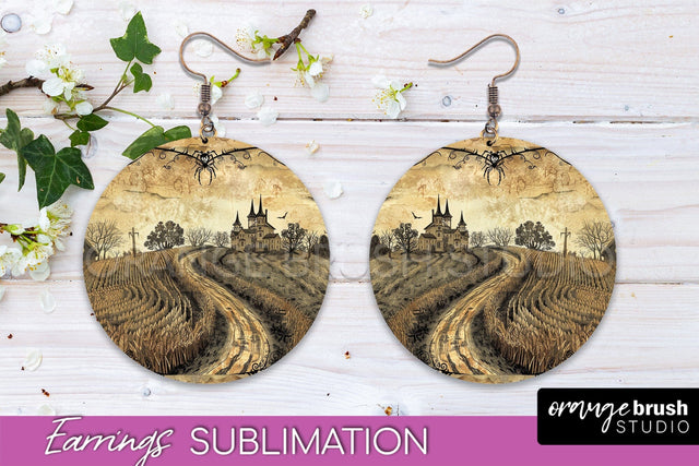 Vintage Halloween Round Earrings Sublimation Spooky Earrings Sublimation OrangeBrushStudio 
