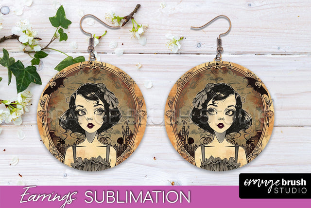 Vintage Halloween Round Earrings Sublimation Spooky Earrings Sublimation OrangeBrushStudio 