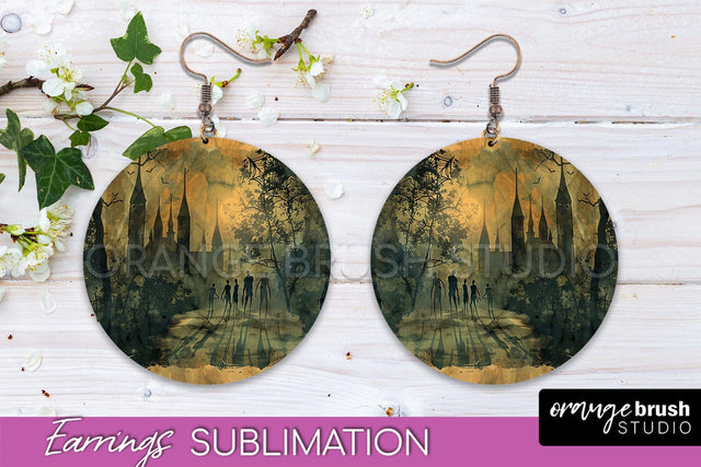 Vintage Halloween Round Earrings Sublimation Spooky Earrings Sublimation OrangeBrushStudio 