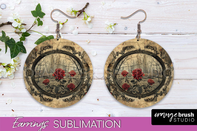 Vintage Halloween Round Earrings Sublimation Spooky Earrings Sublimation OrangeBrushStudio 
