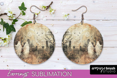 Vintage Halloween Round Earrings Sublimation Spooky Earrings Sublimation OrangeBrushStudio 