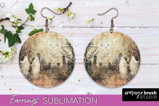 Vintage Halloween Round Earrings Sublimation Spooky Earrings Sublimation OrangeBrushStudio 