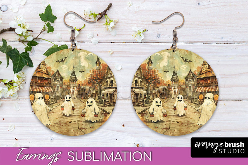Vintage Halloween Round Earrings Sublimation Spooky Earrings Sublimation OrangeBrushStudio 